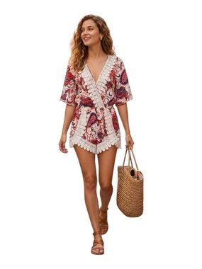 Vizio Italia Paisley Lace Trim Romper Size Small Boho Faux Wrap Festival